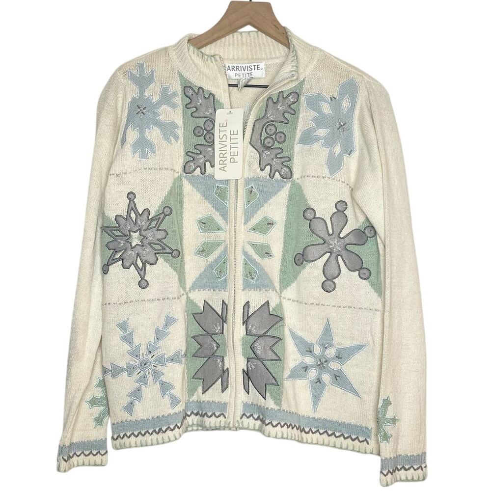 NEW VTG Arriviste Sweater Size Medium Petite Snowflake White Grandma Embroidered